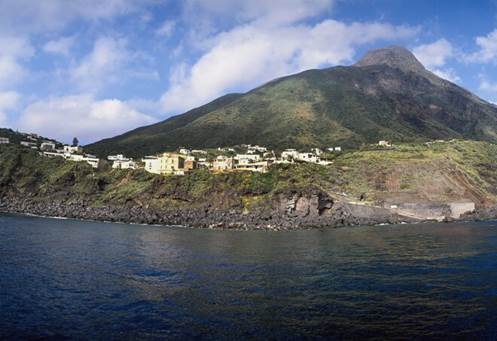 Italy, Liparische islands, island  Stromboli, Ginostra, skyline  Europe, province Messina, olische islands, place, village, coast, coast landscape, sea, mountain, volcano, heaven, clouds,